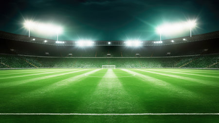 Sports stadium with grass pitch and lighted floodlighting towers. Generative AIの素材