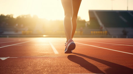 Female runner's legs on race track at sunset. Generative AIの素材