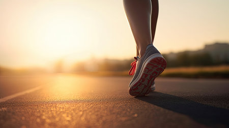 Female runner's legs on asphalt at sunset. Generative AIの素材