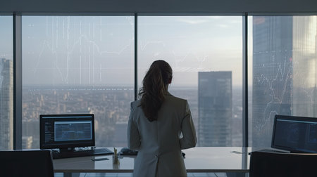 Back view of a businesswoman in the executive offices of a large company in a skyscraper. Generative AIの素材
