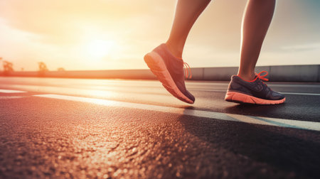 Female runner's legs on asphalt at sunset. Generative AIの素材