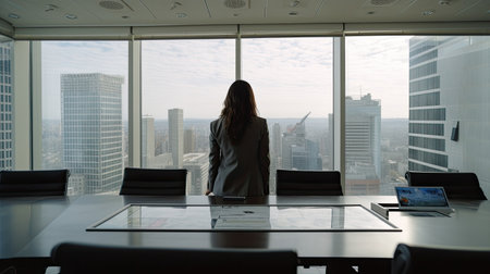Back view of a businesswoman in a meeting room of a large company in a skyscraper. Generative AIの素材