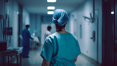 Back view of surgeon woman in a hospital intensive care unit. Generative AIの素材