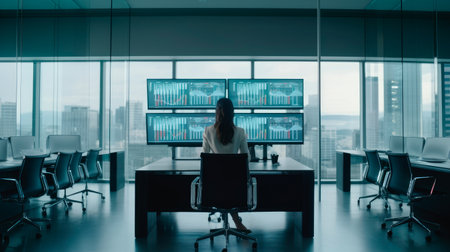 Back view of a businesswoman in the executive offices of a large company in a skyscraper. Generative AIの素材