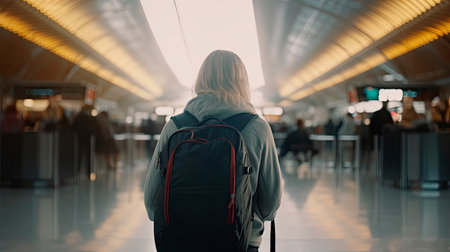 Back view of young traveler woman with suitcase standing in airport terminal. Generative AIの素材