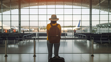 Back view of young traveler woman with suitcase standing in airport terminal. Generative AIの素材