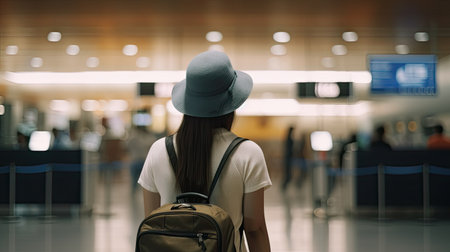 Back view of young traveler woman with suitcase standing in airport terminal. Generative AIの素材