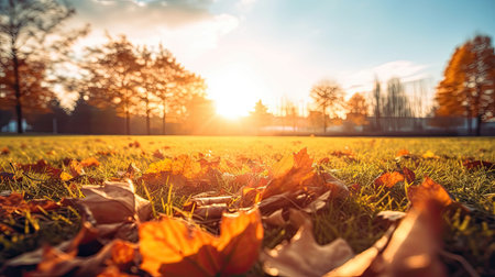 Blurred autumn field full of fallen leaves at sunset. Generative AIの素材