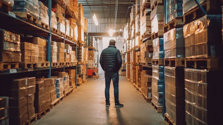 Back view of a warehouse worker checking the goods. Generative AIの素材