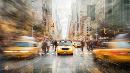 Blurred New York City cityscape, full of cars and yellow cabs. Generative AIの素材