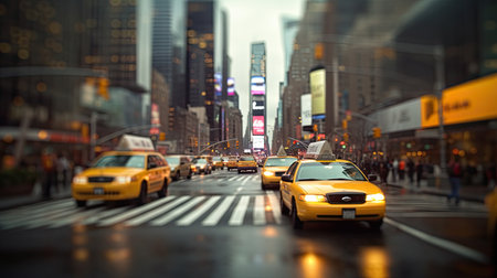 Blurred New York City cityscape, full of cars and yellow cabs. Generative AIの素材