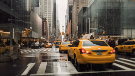 Blurred New York City streetscape, full of cars and yellow cabs. Generative AIの素材
