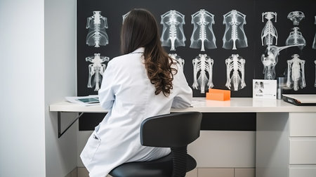 Female trauma doctor working in the hospital viewing X-rays. Generative AIの素材