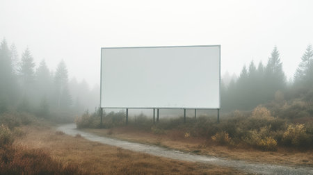 Blank billboard on the road in the foggy forest. 3d renderingの素材