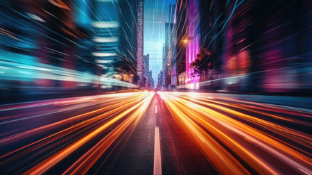 Vehicle lights on the streets of a city at night. Long exposure shot. Generative AIの素材
