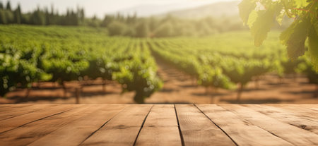 Wooden floor with blurred french vineyard background. Generative AIの素材