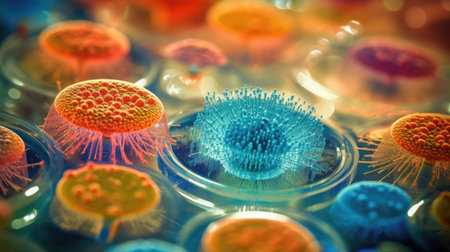 Close up of virus and bacteria on glass observation dishes. Generative AIの素材