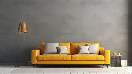 Modern and minimalist sofa on the empty concrete wall of a living room. Generative AIの素材