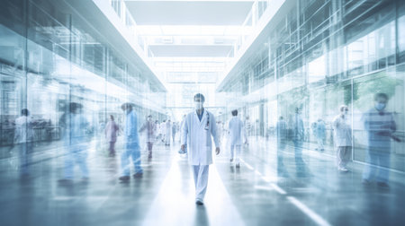 Blurred shot of doctors, nurses and medical staff wandering around a hospital.の素材