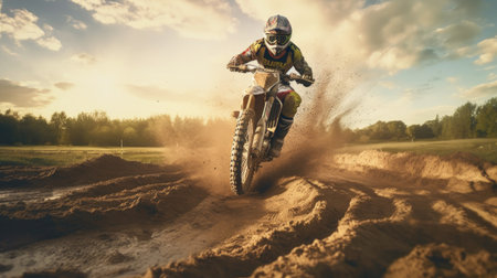 Motocross rider on a mud race track. Generative AIの素材