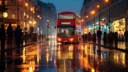 London streetscape at night. City lights reflected in the wet streets. Blurred double decker bus driving on the road. Generative AIの素材