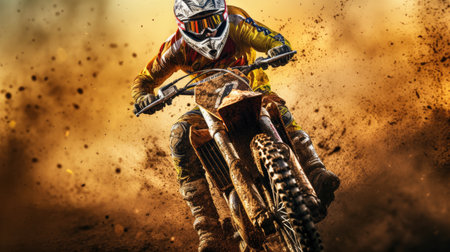 Motocross rider on a mud race track. Generative AIの素材