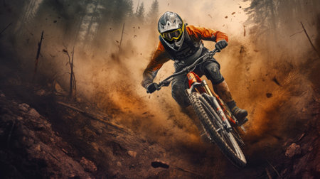 Mountain bike rider in a downhill race at full speed. Generative AIの素材