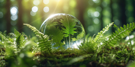 Crystal sphere symbolizing the planet earth on a green forest bed. Concept of environment and sustainability. Generative AIの素材