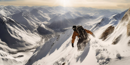 Extreme snowboard rider descending down a rocky mountain. Generative AIの素材