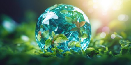 Crystal sphere symbolizing the planet earth on a green forest bed. Concept of environment and sustainability. Generative AIの素材