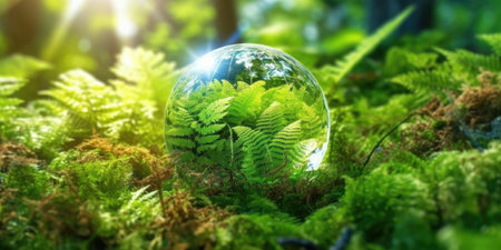 Crystal sphere symbolizing the planet earth on a green forest bed. Concept of environment and sustainability. Generative AIの素材