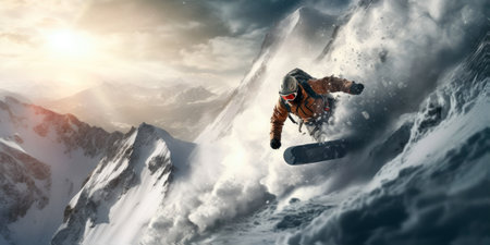 Extreme snowboard rider descending down a rocky mountain. Generative AIの素材