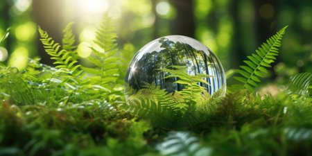 Crystal sphere symbolizing the planet earth on a green forest bed. Concept of environment and sustainability. Generative AIの素材