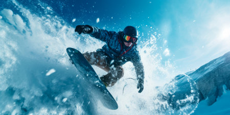 Extreme snowboarder descending down a rocky mountain. Generative AIの素材