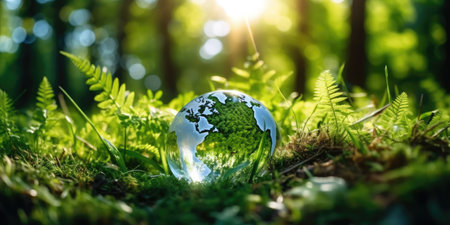 Crystal sphere symbolizing the planet earth on a green forest bed. Concept of environment and sustainability. Generative AIの素材