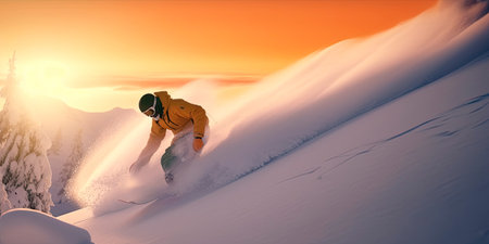 Extreme snowboard rider descending down a rocky mountain. Generative AIの素材