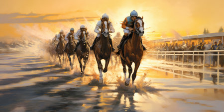 Horse race on the seashore at sunset. Generative AIの素材