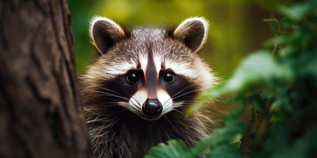 Wild raccoon in the forest. Procyon lotor. Generative AIの素材