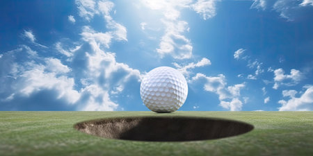 Golf ball on the edge of the hole. Generative AIの素材