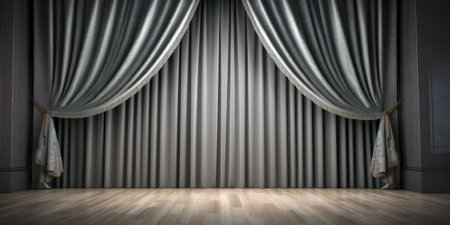 Gray stage curtain on wooden floor. Generative AIの素材