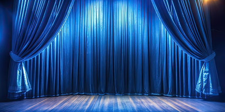 Blue stage curtain on wooden floor. Generative AIの素材