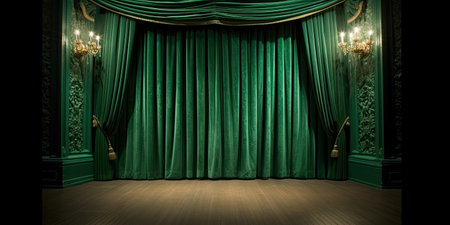 Green stage curtain on wooden floor. Generative AIの素材