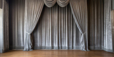 Gray stage curtain on wooden floor. Generative AIの素材