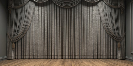 Gray stage curtain on wooden floor. Generative AIの素材