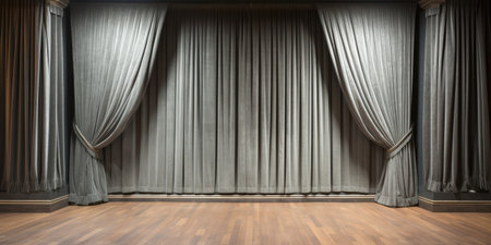 Gray stage curtain on wooden floor. Generative AIの素材