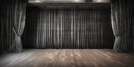 Gray stage curtain on wooden floor. Generative AIの素材