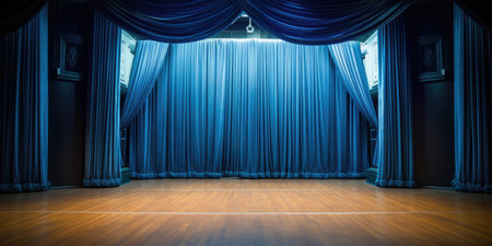 Blue stage curtain on wooden floor. Generative AIの素材