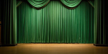 Green stage curtain on wooden floor. Generative AIの素材