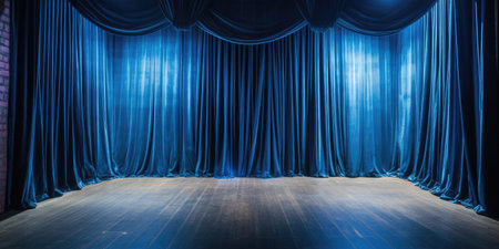 Blue stage curtain on wooden floor. Generative AIの素材