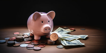 Piggy bank with coins on the table. Generative AIの素材